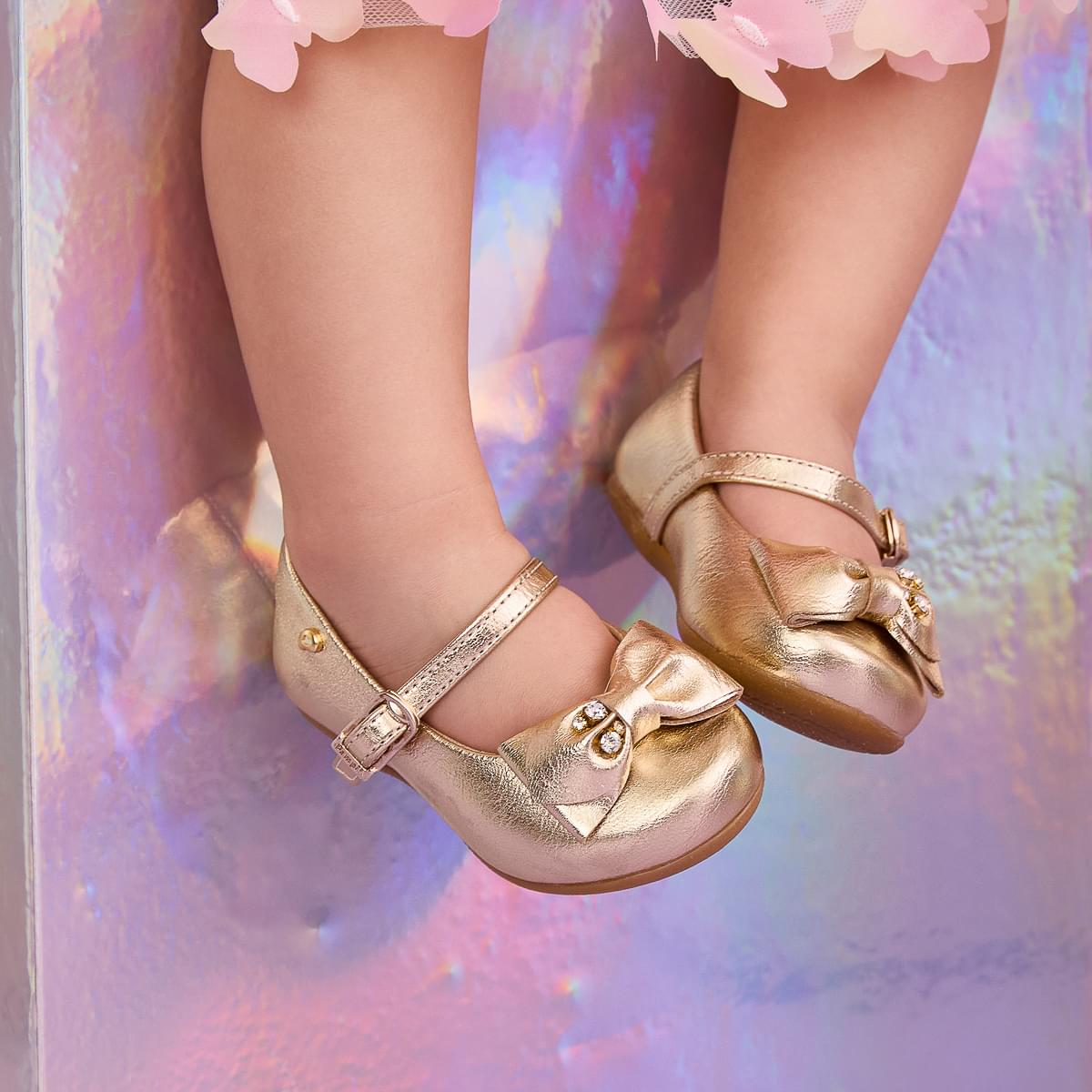 Sapatilha Infantil Pampili Mini Angel Laço e Strass Dourada