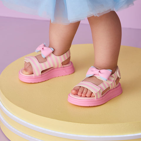 Sandália Papete Infantil Pampili Petit Listras Branca Off White Rosa