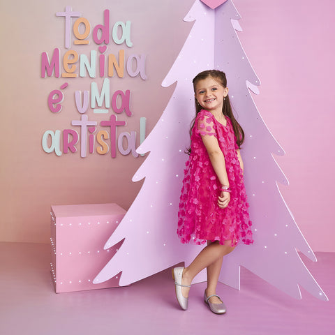 Vestido de Tule Infantil Pampili Flores Pink