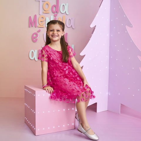 Vestido de Tule Infantil Pampili Flores Pink