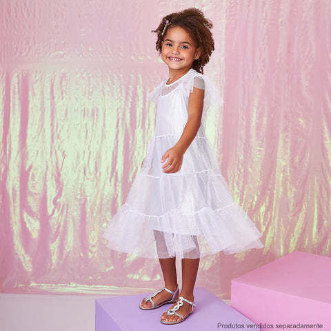 Vestido Infantil Pampili Sobreposição Tule Branco e Prata Mundo