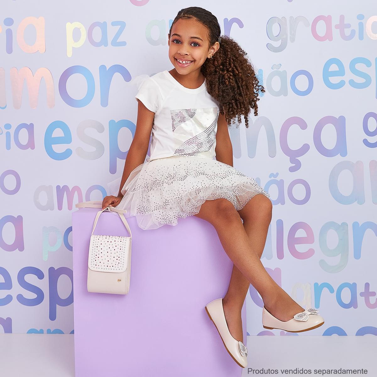 Saia de Tule Pampili Strass Coloridos Off White - look na menina