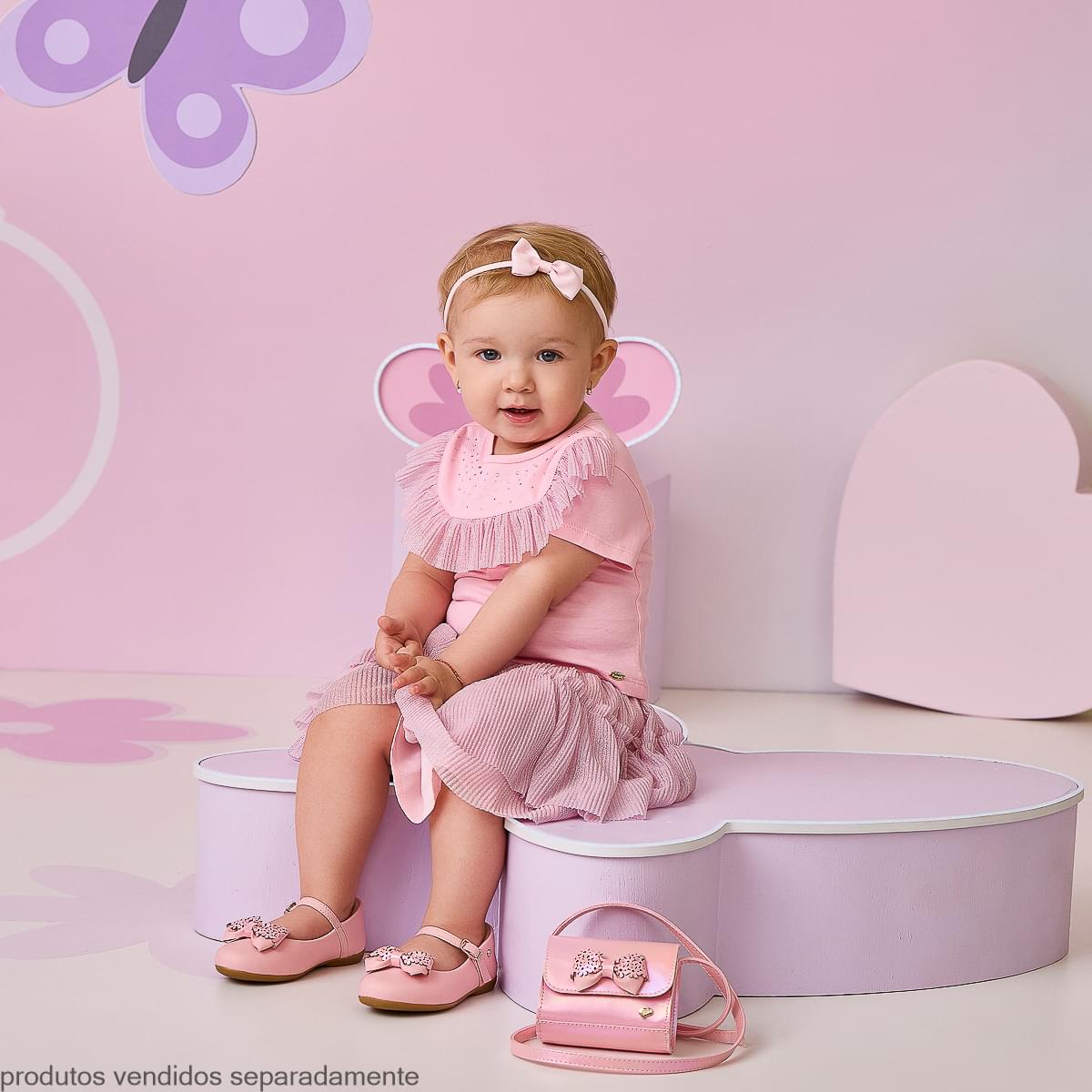 Sapatilha Infantil Feminina Bailarina Laço Flor Rosa