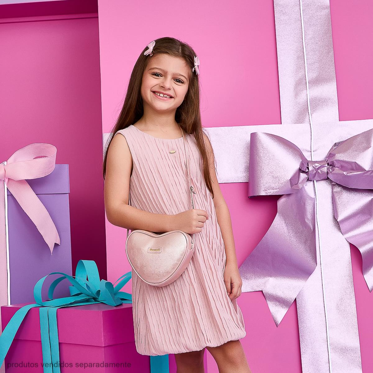 Bolsa Infantil Pampili Coração Metalizado Rosa