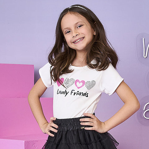 Camiseta Infantil Pampili Cetim Lovely Friends Off White