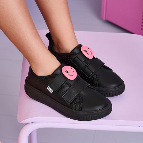 Tênis Infantil Feminino Pampili Up Patch Carinha Preto e Pink Clássico