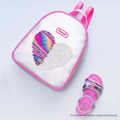 Mochila Infantil Pampili Paetê Mágico Prata e Pink - mochila com sandália