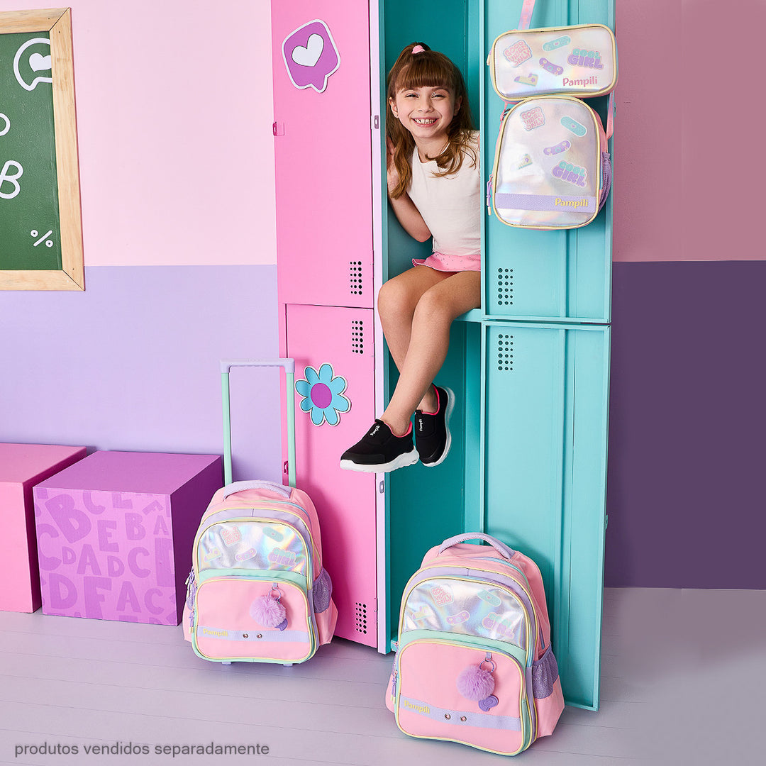 Mochila Escolar Infantil Pampili Pompom Holográfica Candy Colors