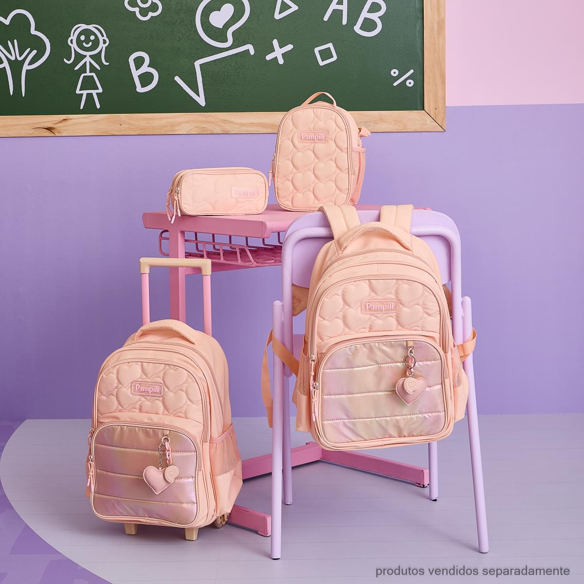 Estojo Escolar Infantil Pampili Coração Salmão