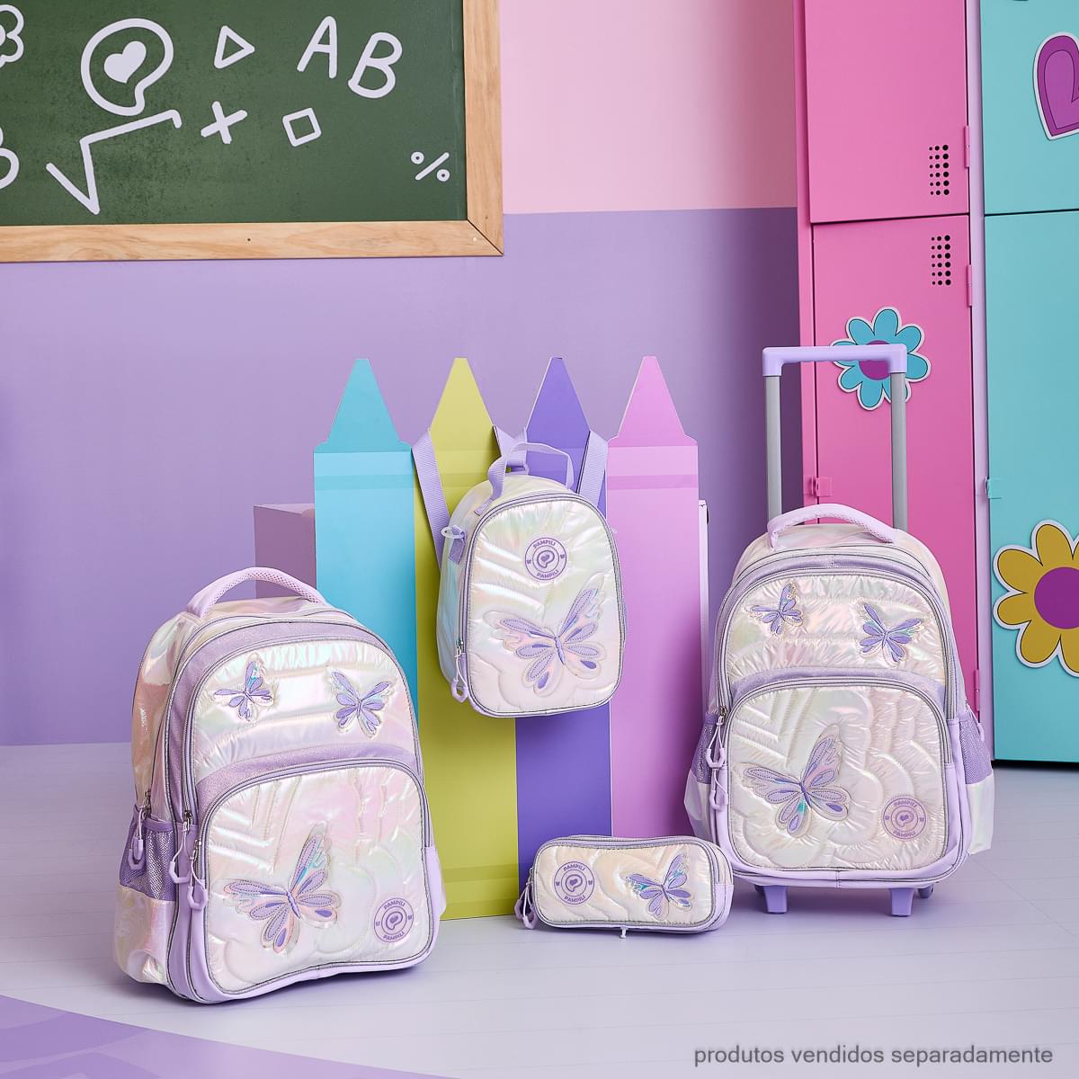 Mochila Escolar Infantil Pampili Borboletas Lilás