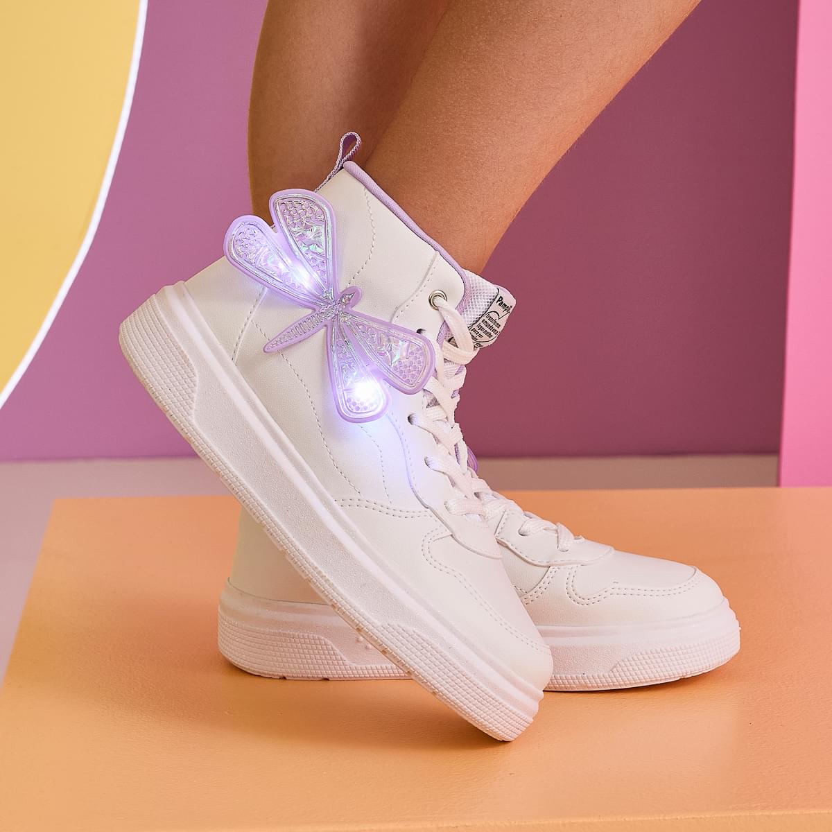 Tênis de Led com Cano Médio Infantil Pampili Libélula Branco
