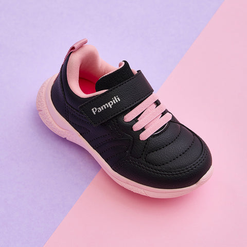 Tênis Infantil Feminino Mini Soft Escolar Costura Preto Rosa