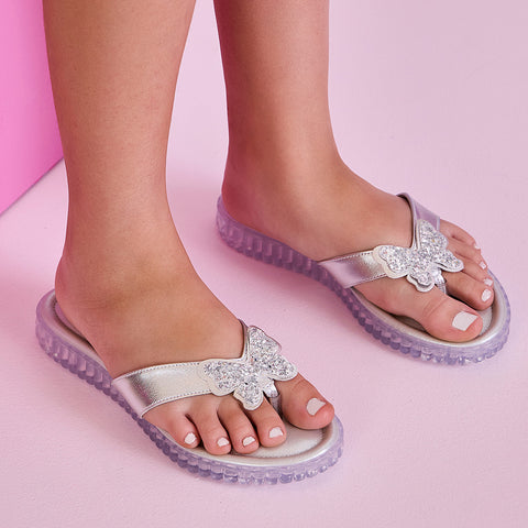 Chinelo Infantil Feminino Pampili Candy Borboleta com Glitter Flocado Prata - Vem com Bolsinha!