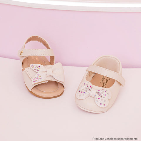 Sandália de Bebê Pampili Nana Laço Assimétrico Glitter e Strass Nude - sandália com sapato
