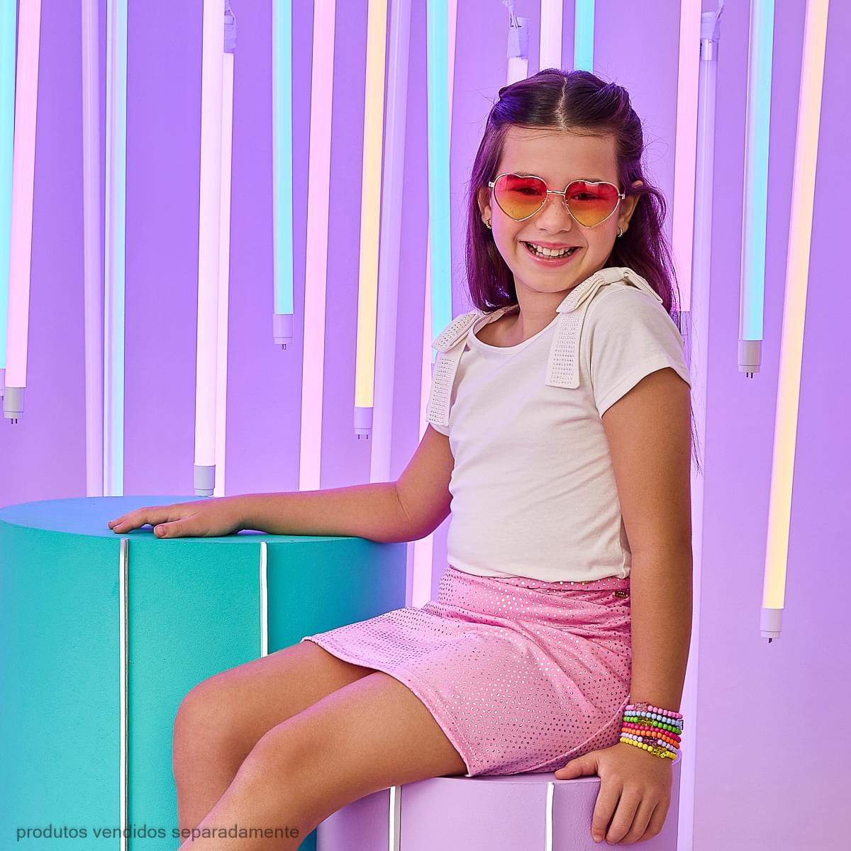 Óculos de Sol Infantil Feminino Metal Coração Rosa Claro