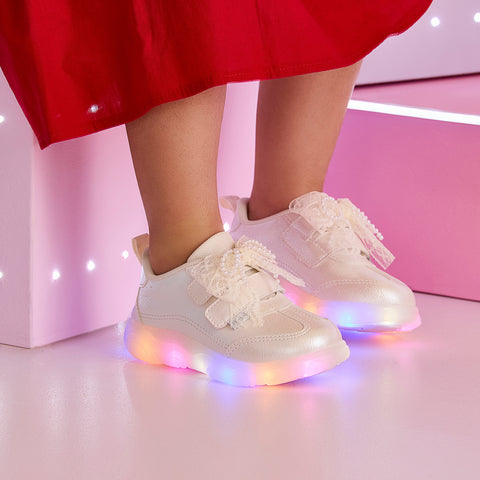 Tênis de Led Infantil Feminino Liz Luz Perolado com Laço de Renda Branco
