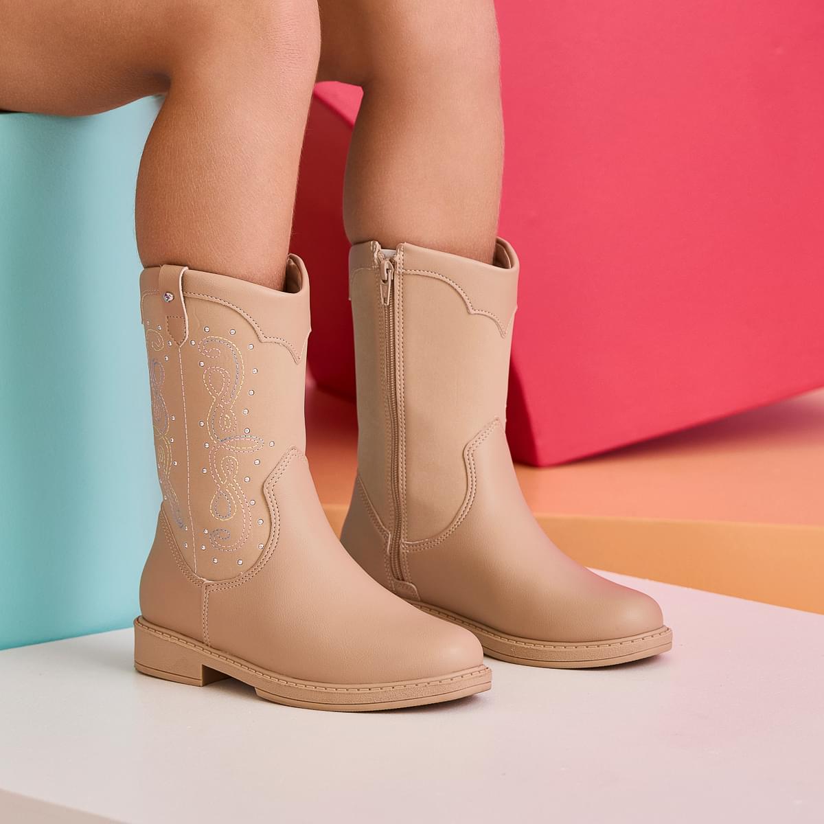 Bota Infantil Cano Médio Pampili Safira Western Bege Colorida