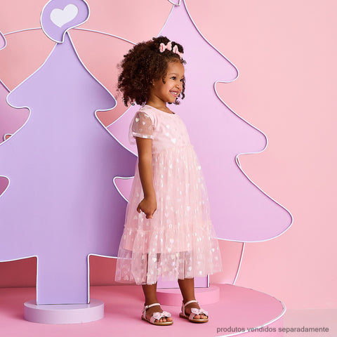 Vestido de Tule Infantil Pampili Corações Cintilantes Rosa Claro