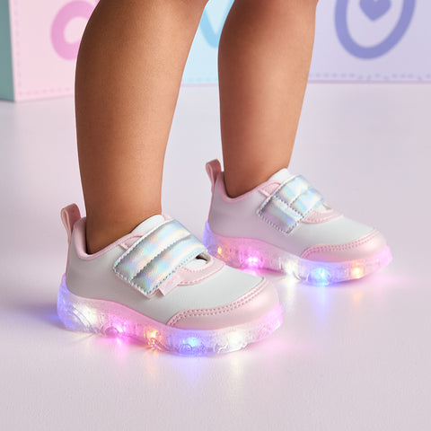 Tênis de Led Infantil Pampili Liz Luz Tira Comfy Branco e Rosa