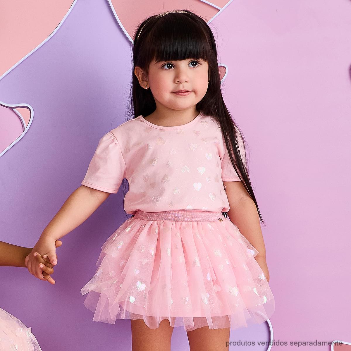 Saia de Tule Infantil Pampili Corações Brilhantes Rosa