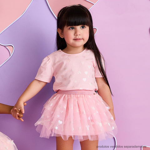 Saia de Tule Infantil Pampili Corações Brilhantes Rosa