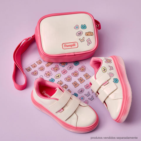 Bolsa Tiracolo Infantil Pampili com Adesivos Branco Rosa