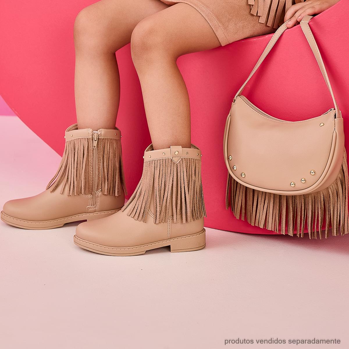 Bota de Franja Infantil Pampili Safira Western Cano Baixo Bege