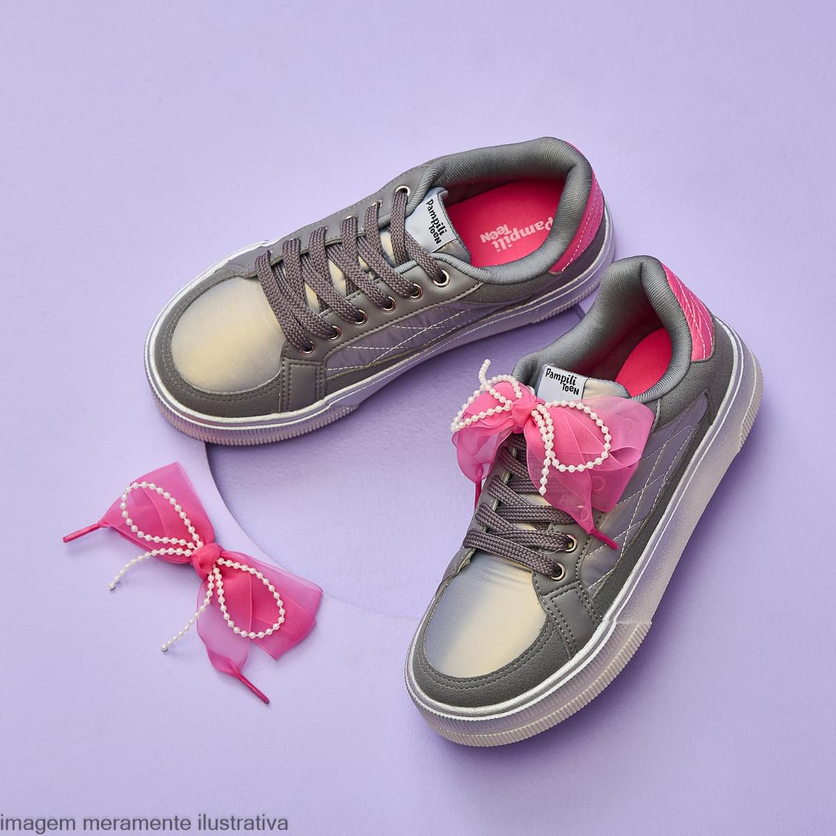 Tênis Infantil Feminino com Laço Customizável Cinza