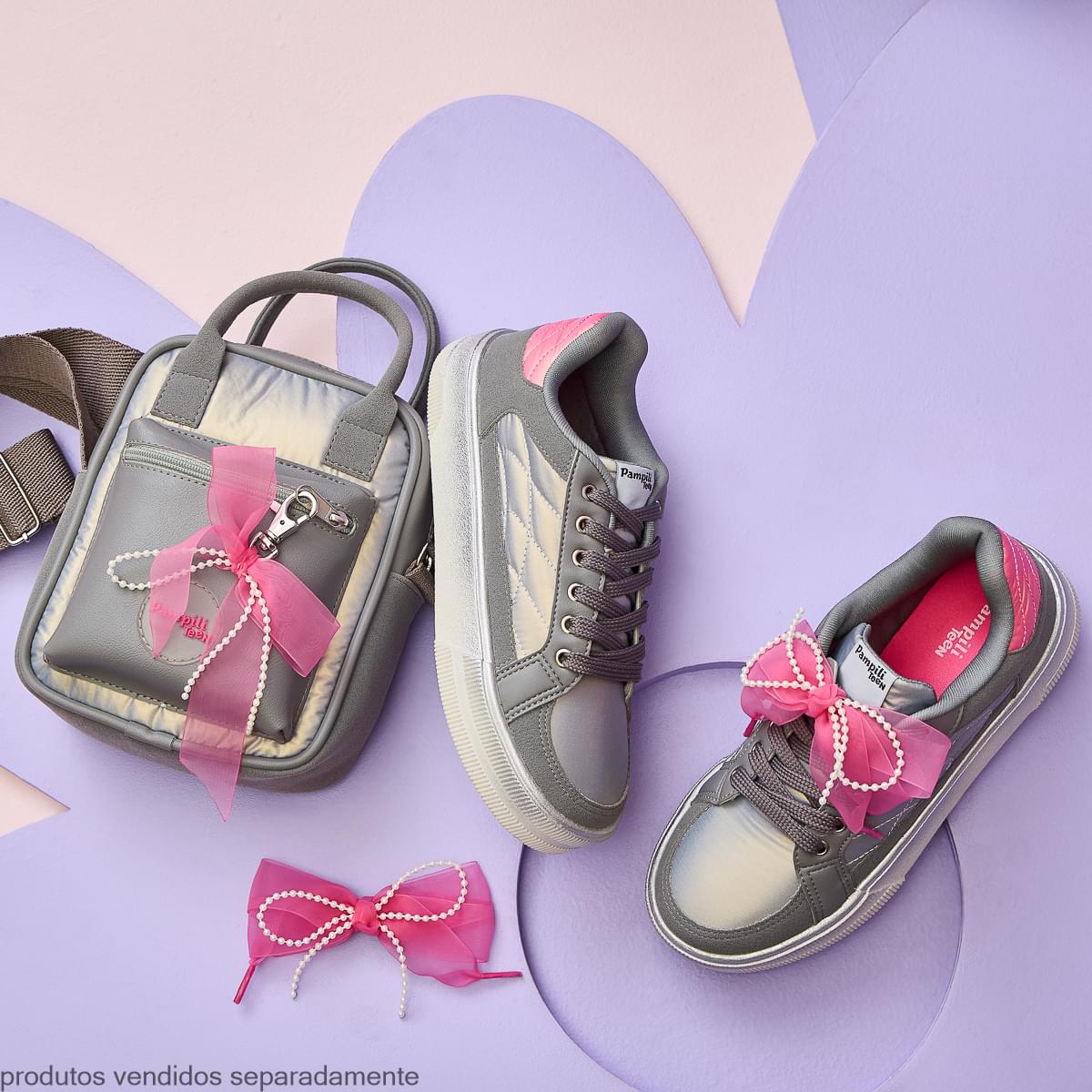 Tênis Infantil Feminino com Laço Customizável Cinza
