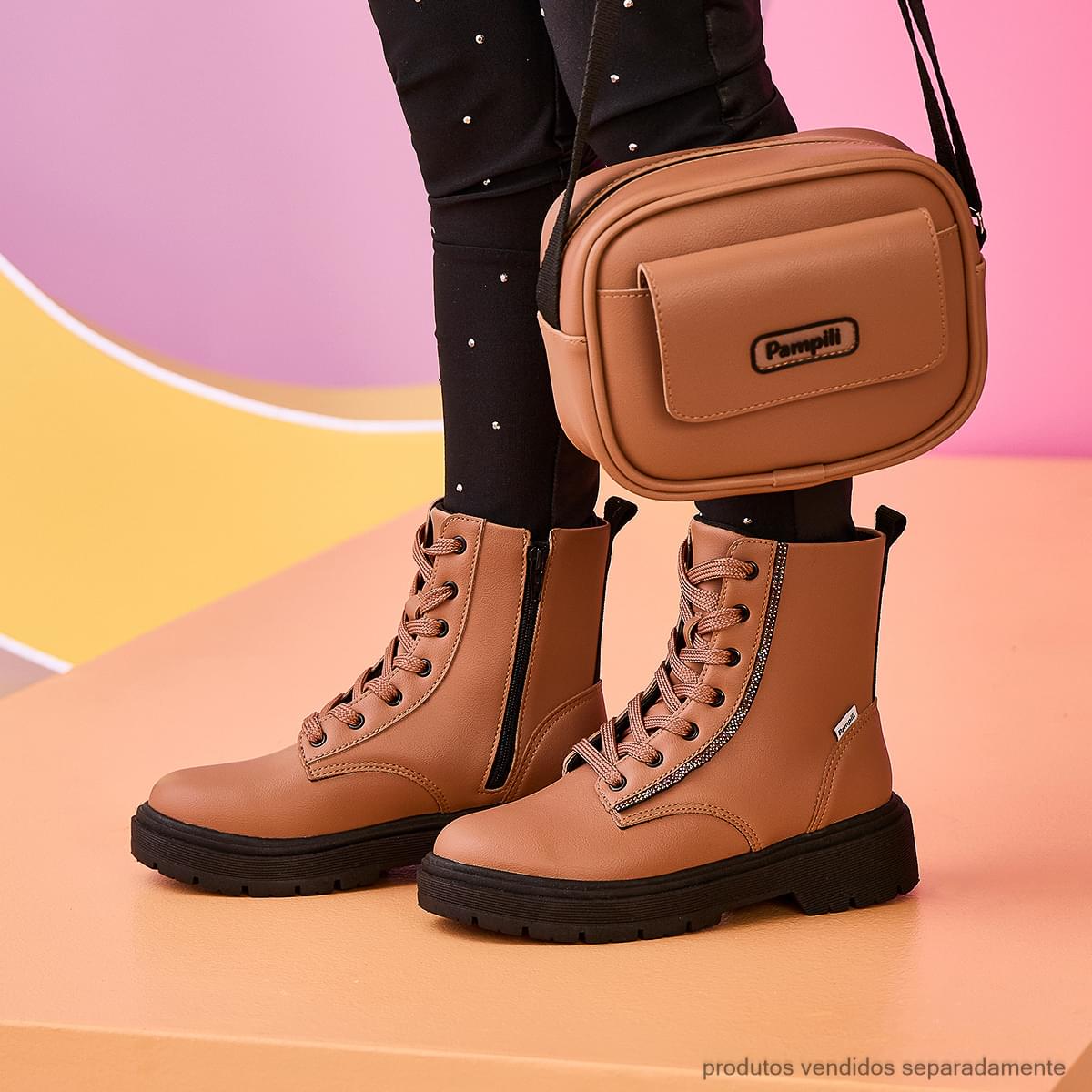 Bota Coturno Infantil Feminina Pampili Duda com Strass Marrom