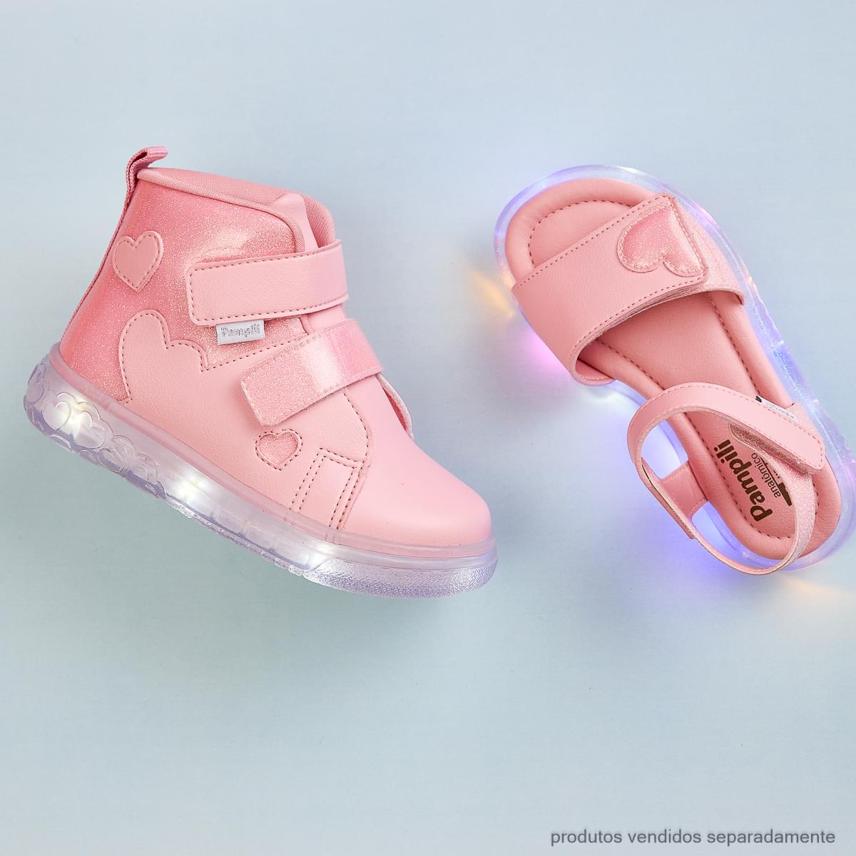 Sandália de Led Infantil Pampili Lulli Coração Glitter Rosa