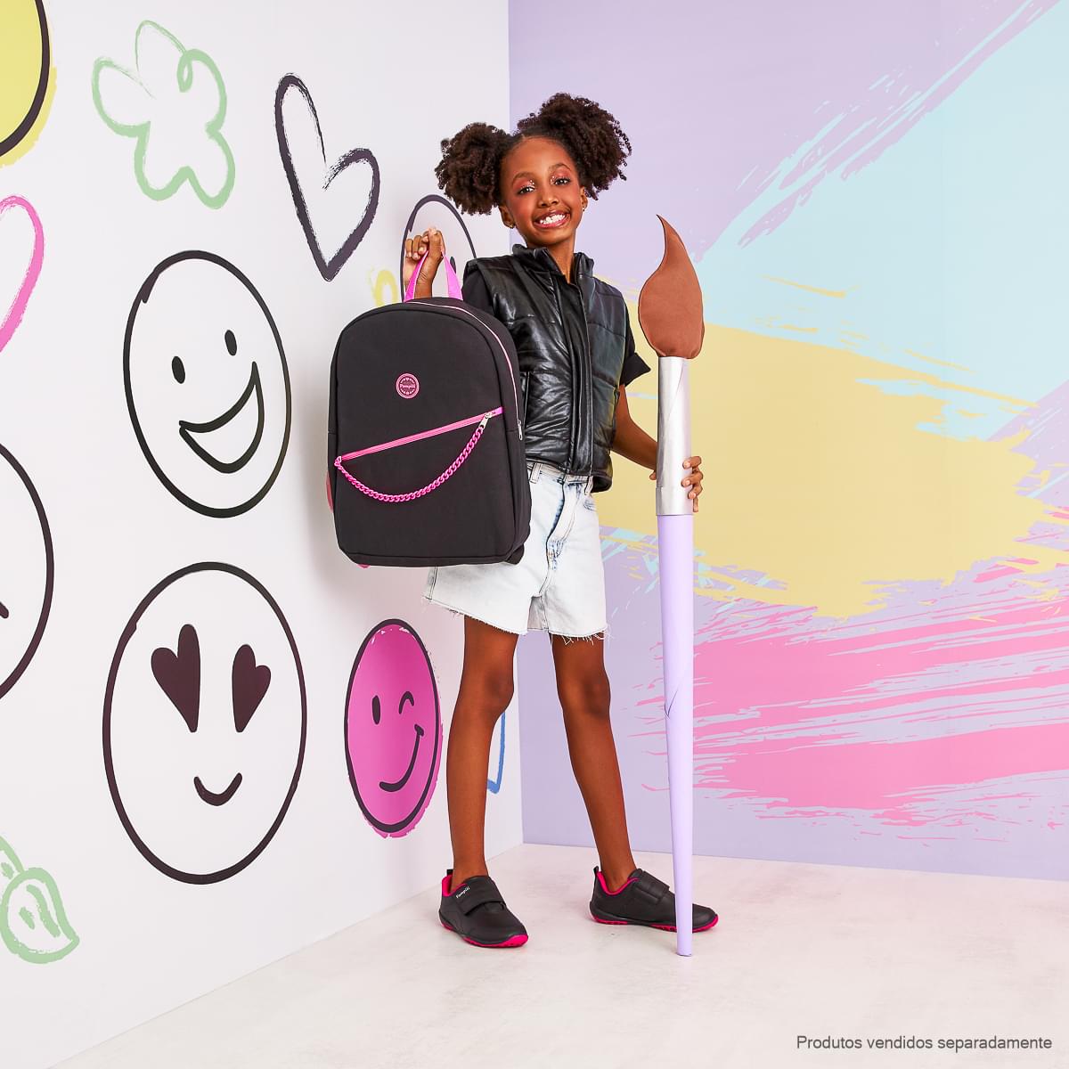 Tênis Escolar Infantil Pampili Honey Preto e Pink - Vem com Estojo!