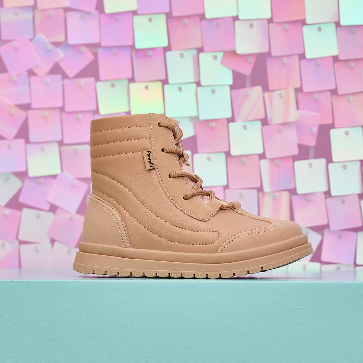 Bota Coturno Infantil Feminina Pampili Flora Amarração Bege