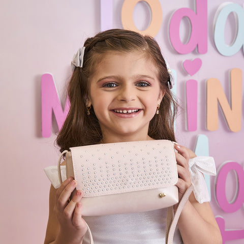 Bolsa Tiracolo Infantil Pampili com Glitter e Cascata de Strass Nude