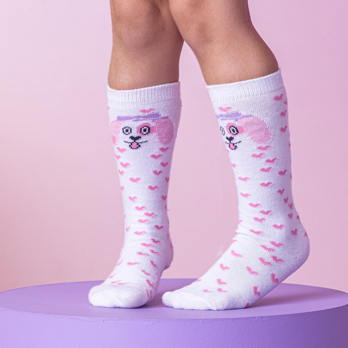 Meia Infantil Feminina 3/4 Pampili Cachorrinho Branca e Rosa - meias cachorrinho