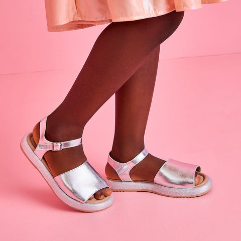 Sandália Infantil Pampili Cora Flatform Metalizada Lisa Prata
