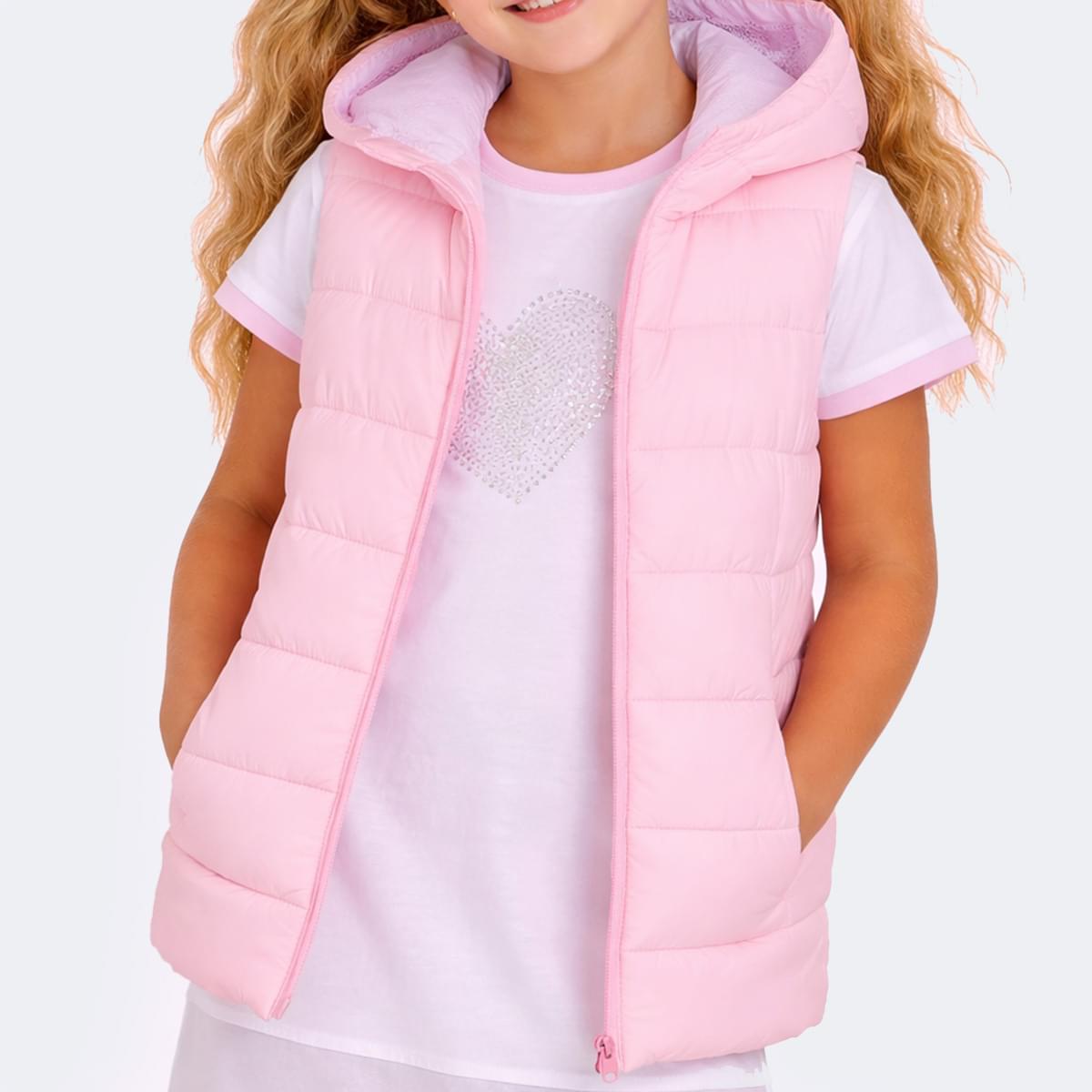 Colete Feminino Pampili Puffer Capuz Rosa