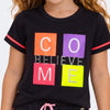 Camiseta Infantil Feminina Pampili Estampa Glitter Neon Come Believe Preta e Colorida