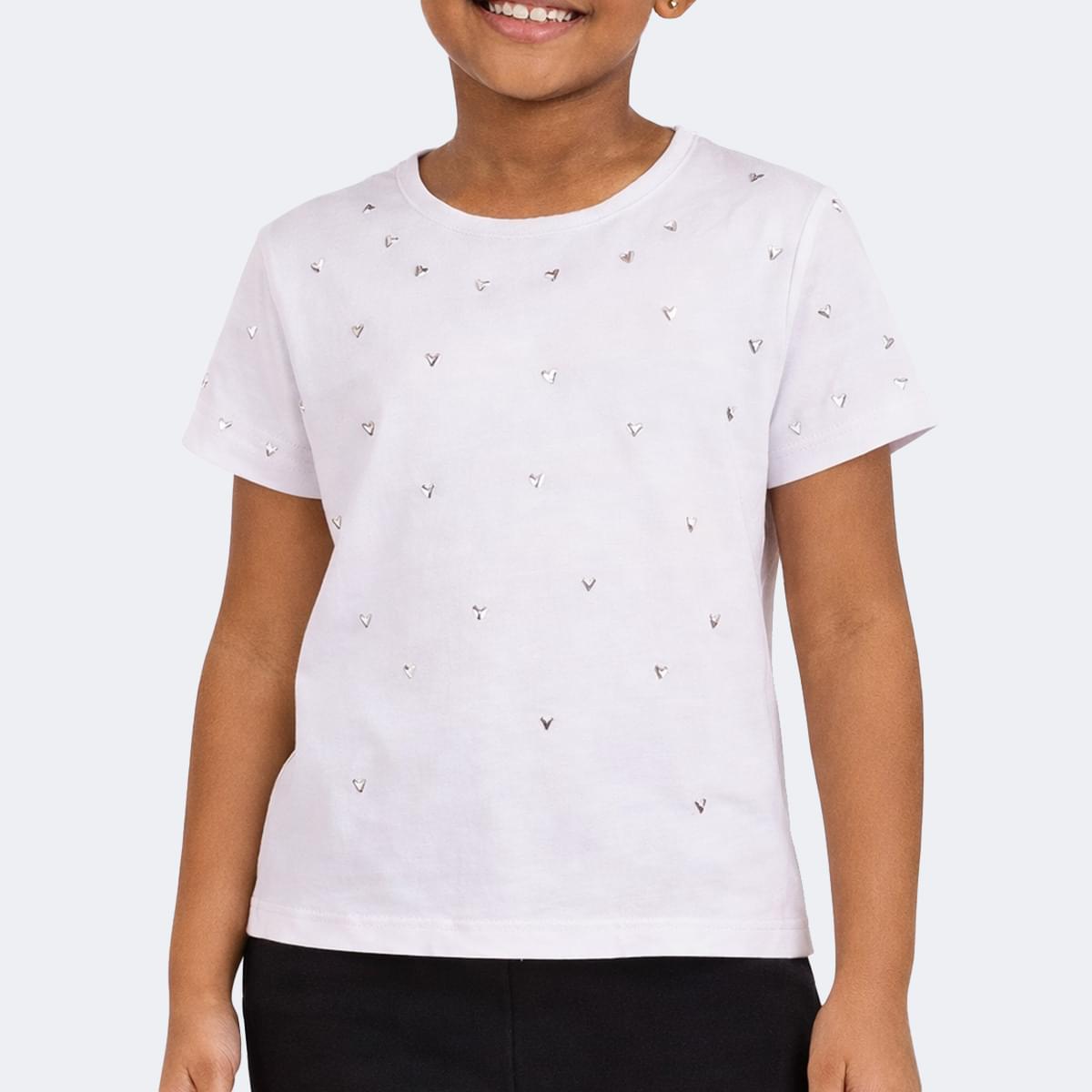 Camiseta Infantil Pampili Mini Corações Prateados Branca