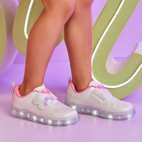 Tênis de Led Infantil Feminino Pampili Sneaker Luz Flores Branco