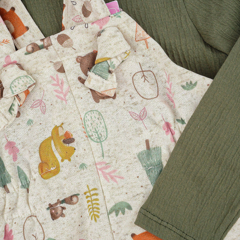 Conjunto Jardineira Bebê Kukiê Floresta e Body Off White e Verde- conjunto infantil jardineira