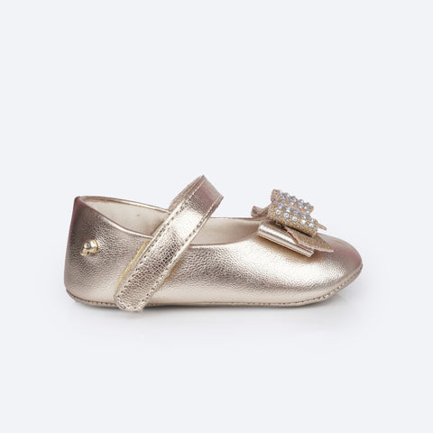 Sapato de Bebê Pampili Nina Laço em Glitter e Strass Dourado - Vem com faixa de cabelo!