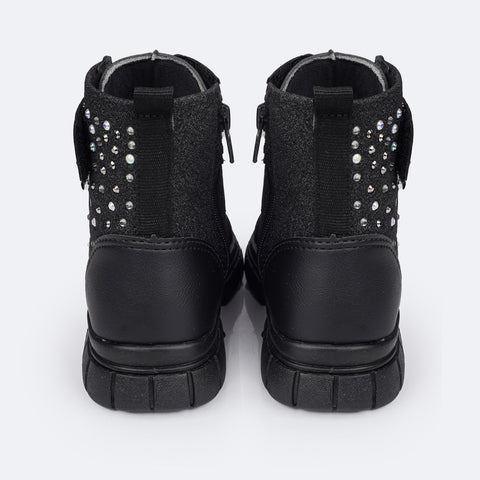 Bota Coturno Feminina Pampili Lucky Glitter e Strass Preta