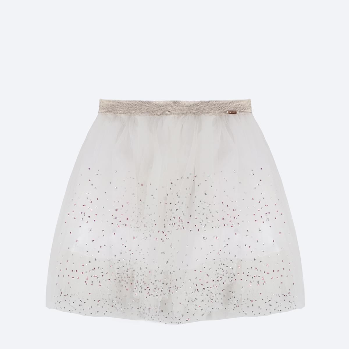 Saia de Tule Pampili Strass Coloridos Off White - frente da saia 
