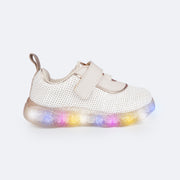 Tênis de Led Infantil Pampili Liz em Paetê Nude e Dourado - lateral do tenis com velcro e elástico