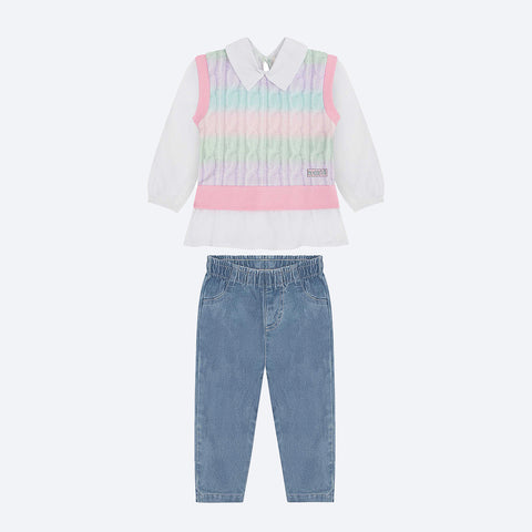 Conjunto de Bebê Kukiê Calça Jeans e Bata Branca e Rosa - conjunto camisa e calça jeans infantil