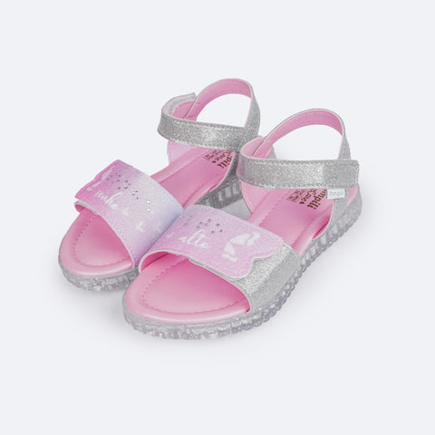 Sandália Papete Infantil Pampili Candy Corações Diversos Braile Degradê Rosa e Prata - frente da sandália com glitter