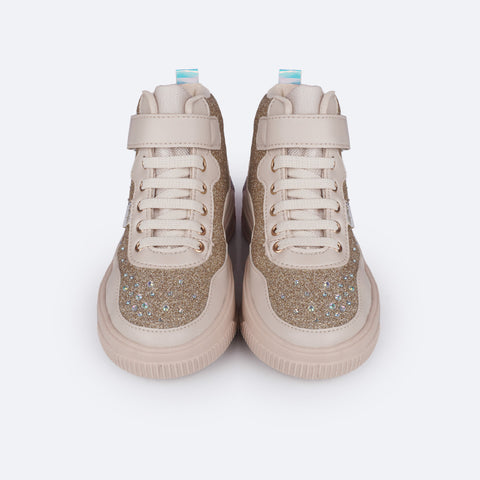 Tênis Cano Médio Infantil Pampili XP 21 Glitter e Strass Nude e Dourado - tenis com elastico