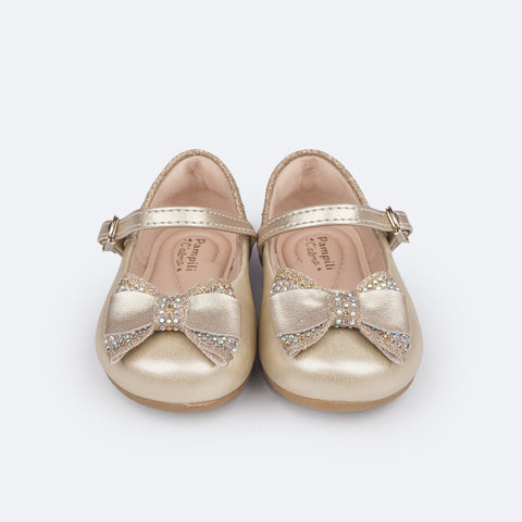 Sapato Infantil Pampili Mini Angel Laço Glitter e Strass Dourado