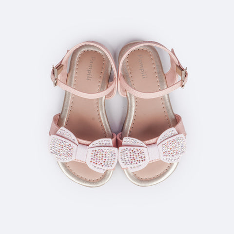 Sandália Infantil Primeiros Passos Pampili Mili Laço Glitter e Strass Rosa - superior da sandália com glitter e strass